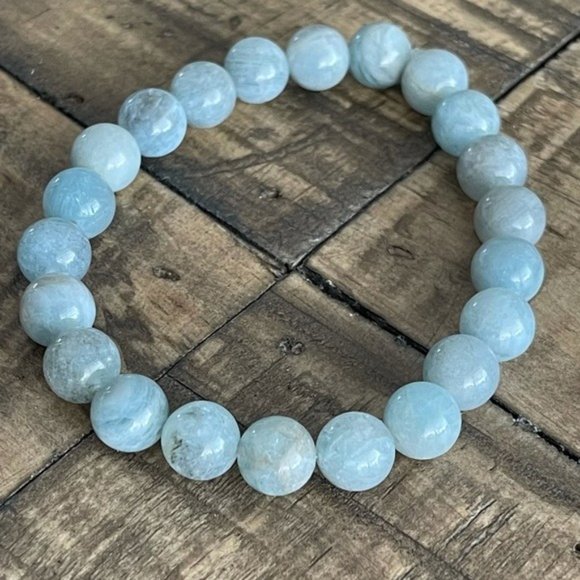 8mm Blue Aquamarine Stretch Bead Bracelet - Picture 4 of 5